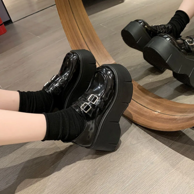 Black Platform Shoes with Buckle Straps 