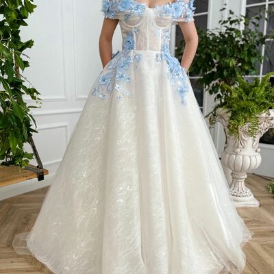 Unique ball gown blue appliques wedding dress bridal gown wedding gown