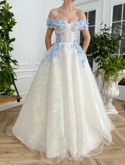 Unique Ball Gown Blue Appliques Wedding Dress Bridal Gown Wedding Gown