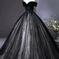 Black Velvet and Tulle Long Prom Party Dress - Thumbnail 1