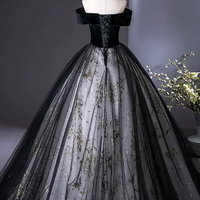 Black Velvet and Tulle Long Prom Party Dress - Thumbnail 3