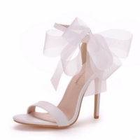 White Ankle Strap Stiletto Sandals with Bow  - Thumbnail 1