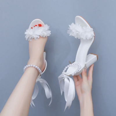 White Flower Beaded Peep Toe High Heels