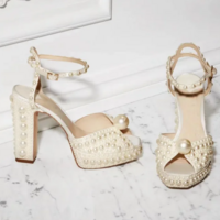 Handmade Pearl Beaded Thick Heel Sandals - Thumbnail 4