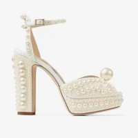 Handmade Pearl Beaded Thick Heel Sandals - Thumbnail 5
