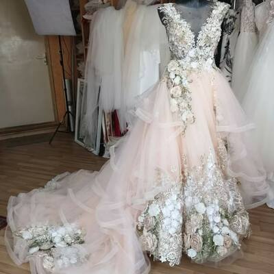 A-line pink wedding gown wedding dress, appliques tulle wedding gown bridal dress