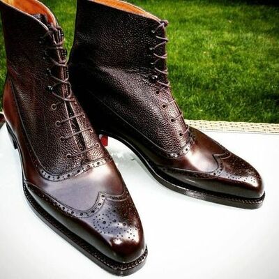 Handmade men dark brown patina leather ankle high boot lace up boot for men