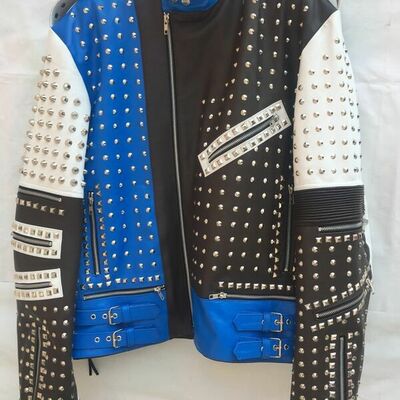 Crafted leather handmade black white and blue studded biker leather jacket multi color design - Thumbnail 2
