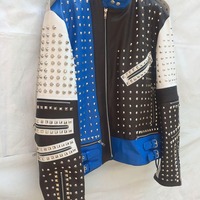 Crafted Leather Handmade Black White and Blue Studded Biker Leather Jacket Multi Color Design - Thumbnail 1