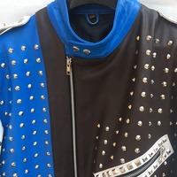 Crafted Leather Handmade Black White and Blue Studded Biker Leather Jacket Multi Color Design - Thumbnail 2