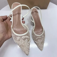 Women's Lace Mesh Pointed Toe Heels Shoes - Thumbnail 3