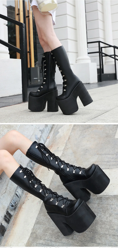 Black Women's Y2K Knee-High Platform Boots 
