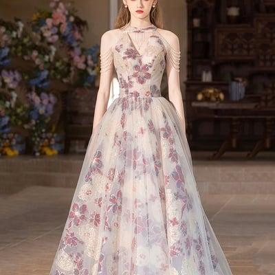 Beautiful floral print long prom dress, a-line halter evening party dress - Thumbnail 1