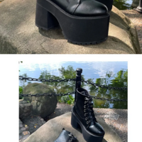 Black Round Toe Chunky Heel Ankle Boots - Thumbnail 4