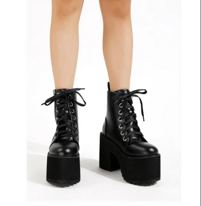 Black Round Toe Chunky Heel Ankle Boots