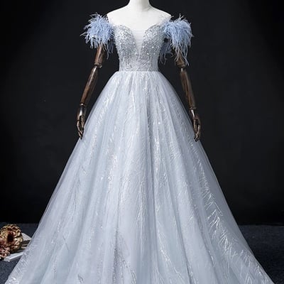 Blue tulle beads long a-line prom party dress