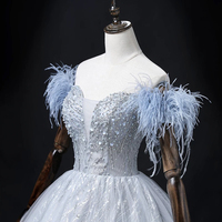 Blue Tulle Beads Long A-Line Prom Party Dress - Thumbnail 1