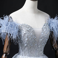 Blue Tulle Beads Long A-Line Prom Party Dress - Thumbnail 2