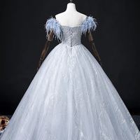 Blue Tulle Beads Long A-Line Prom Party Dress - Thumbnail 4