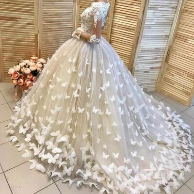 Ball gown wedding gown wedding dress, appliques with butterflies tulle wedding gown bridal dress