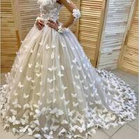 Ball Gown Wedding Gown Wedding Dress, Appliques with Butterflies Tulle Wedding Gown Bridal Dress - Thumbnail 1