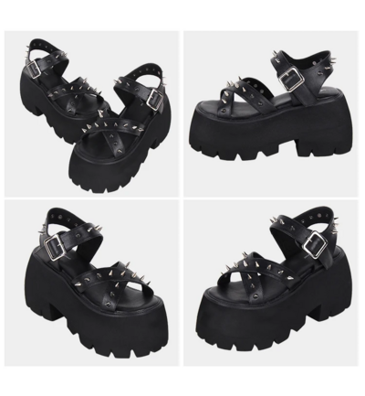  Black Thick Bottom High Heel Punk Rivet Sandals