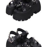  Black Thick Bottom High Heel Punk Rivet Sandals - Thumbnail 1