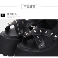 Black Thick Bottom High Heel Punk Rivet Sandals - Thumbnail 2