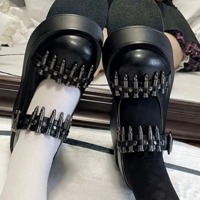 Black Thick Sole Bullet Rivet Pumps - Thumbnail 6