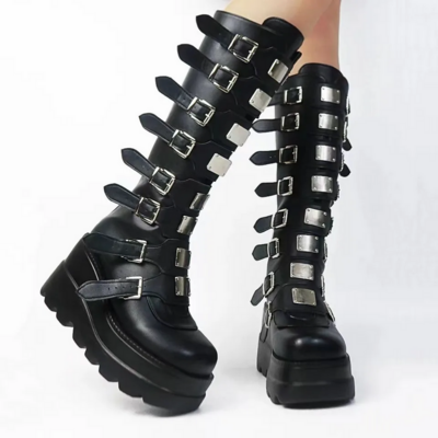 Punk Motorcycle Black Platform Boots
