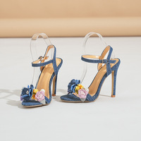 Denim Floral High Heels Sandals - Thumbnail 5