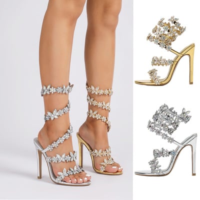 Rhinestone flowers strappy stiletto high heels sandals