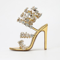 Rhinestone Flowers Strappy Stiletto High Heels Sandals - Thumbnail 5