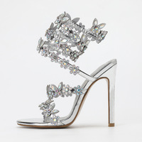Rhinestone Flowers Strappy Stiletto High Heels Sandals - Thumbnail 6