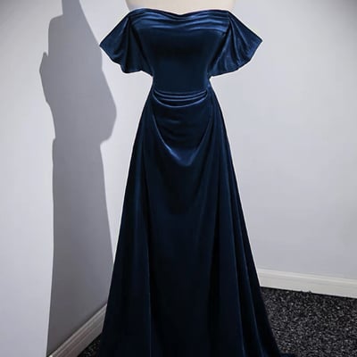 Navy velvet long prom dress, elegant off the shoulder party dress - Thumbnail 1