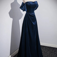 Navy Velvet Long Prom Dress, Elegant Off the Shoulder Party Dress - Thumbnail 1