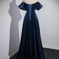 Navy Velvet Long Prom Dress, Elegant Off the Shoulder Party Dress - Thumbnail 2