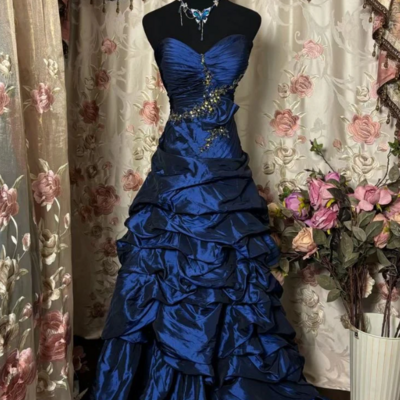 Vintage rhinestone embellished blue pleated ball gown evening dresses