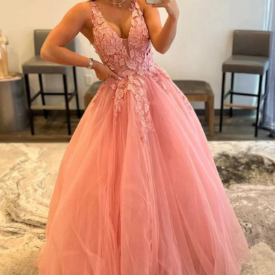 Princess a line v neck pink long prom dress with lace appliques