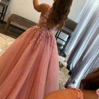 Princess A Line V Neck Pink Long Prom Dress with Lace Appliques - Thumbnail 1