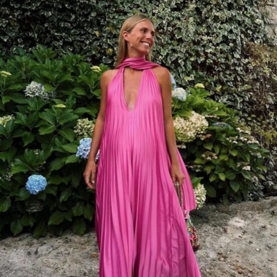 Elegant pink v-neck satin evening dresses