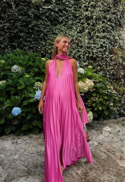 Elegant Pink V-neck Satin Evening Dresses