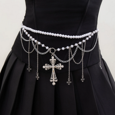 Gothic Pearl Cross Tassel Waist Chain Belt
