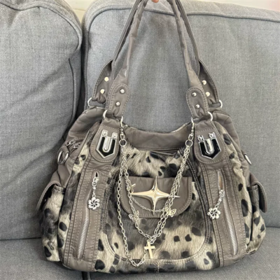 Grey Leopard Print Cross Star Y2K Shoulder Bag 