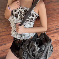 Grey Leopard Print Cross Star Y2K Shoulder Bag  - Thumbnail 5