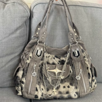 Grey Leopard Print Cross Star Y2K Shoulder Bag  - Thumbnail 10