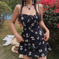 Holiday Style Butterfly Floral Print Suspender Dress - Thumbnail 5