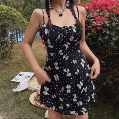 Holiday Style Butterfly Floral Print Suspender Dress