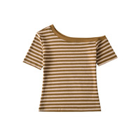 Off-the-shoulder asymmetric tight top striped short-sleeved T-shirt - Thumbnail 2