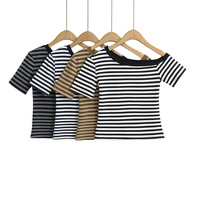 Off-the-shoulder asymmetric tight top striped short-sleeved T-shirt - Thumbnail 1